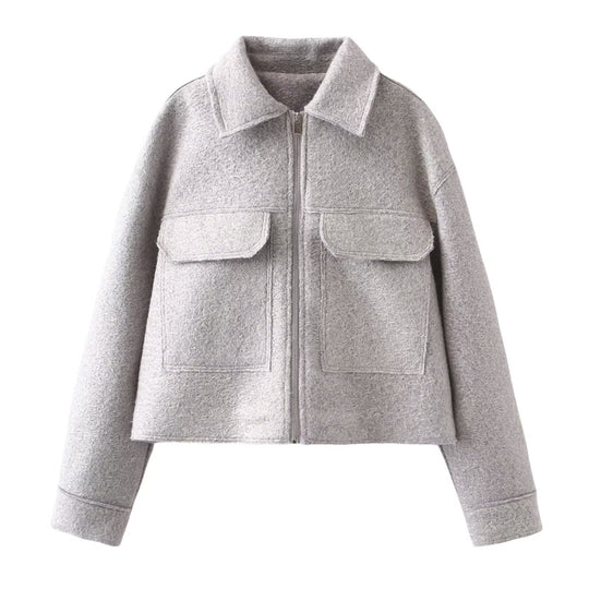 Damen Kurz geschnittene Bouclé‑Jacke mit durchgehendem Reißverschluss und Pattentaschen Nord Taschen