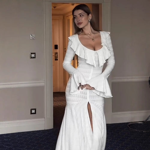 Damen Figurbetontes Maxikleid mit Volant‑Ausschnitt, Glockenärmeln und Schlitz Nord Taschen
