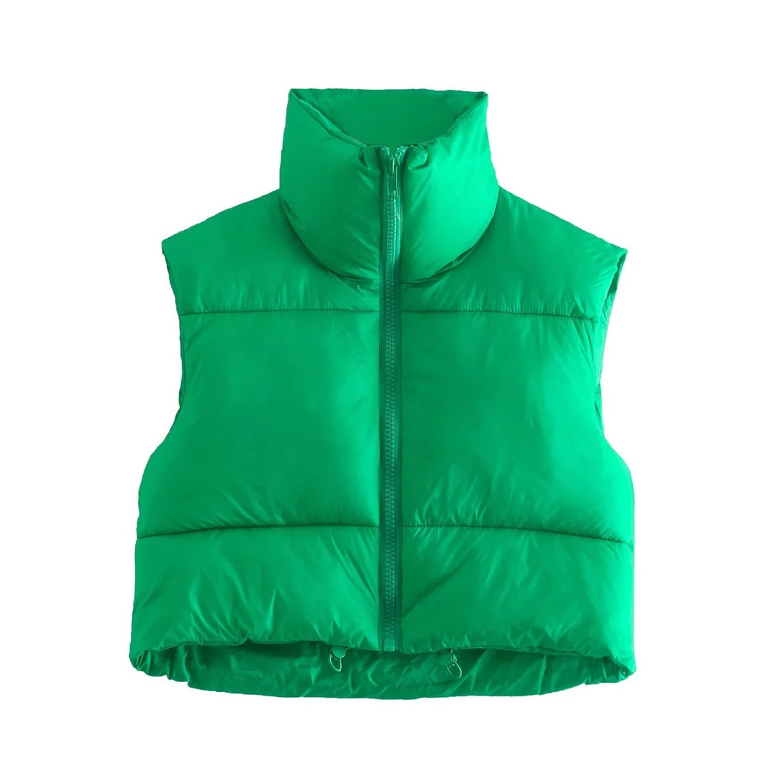 Damen kurze Steppweste mit hohem Stehkragen, leichter Puffer‑Optik und verstellbarem Saum Nord Taschen