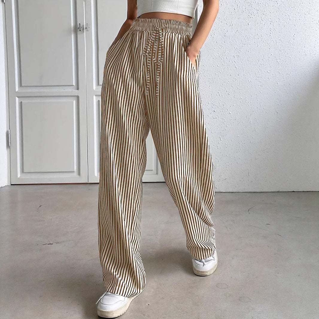 Damen Marlene-Streifenhose aus Leinenmix mit weitem Bein, Elastikbund und Kordelzug Nord Taschen