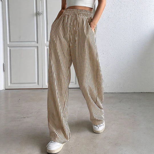 Damen Marlene-Streifenhose aus Leinenmix mit weitem Bein, Elastikbund und Kordelzug Nord Taschen