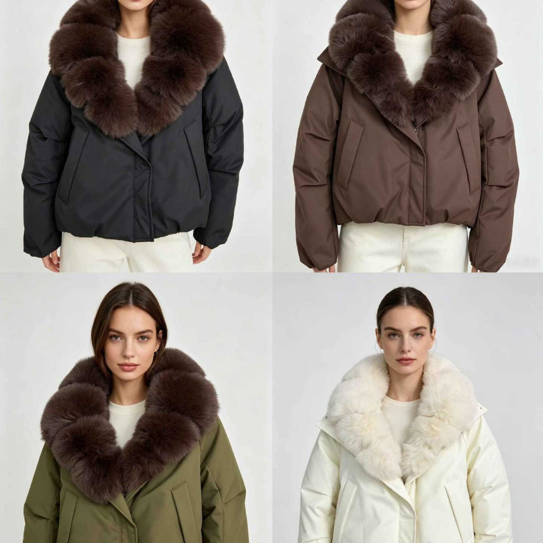 Damen nan kurze Thermosteppjacke mit voluminösem abnehmbarem Kunstfellkragen und tailliertem Saum Nord Taschen
