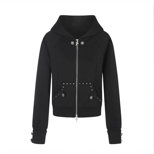 Damen taillierte Kapuzen‑Sweatjacke mit Frontreißverschluss, Nietenbesatz und Taschenapplikation Nord Taschen