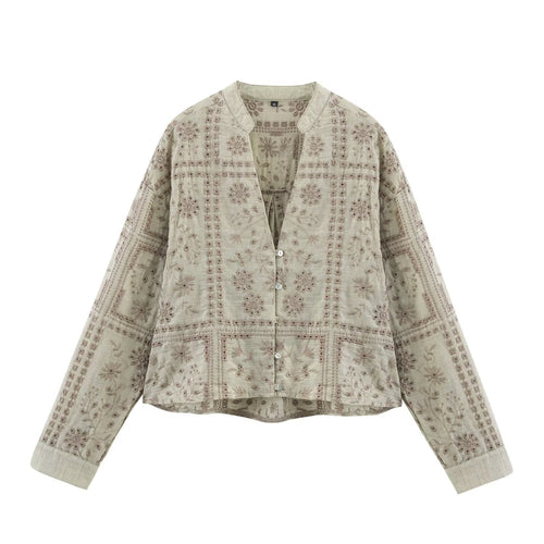 Damen Bestickte V‑Neck Boxy‑Bluse‑Jacke mit Patchwork‑Stickerei Nord Taschen