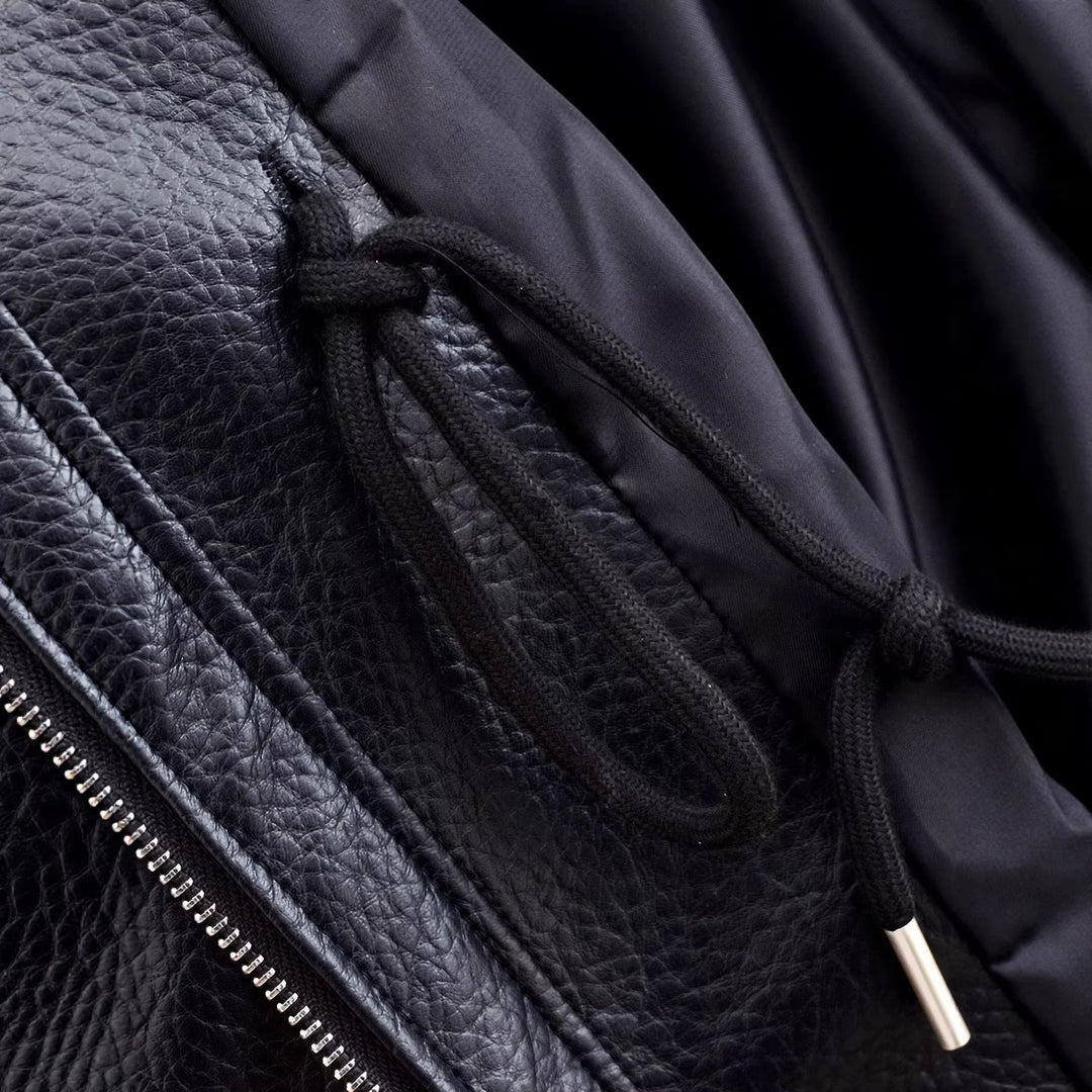 Damen Oversize Kunstlederjacke mit Stehkragen, Tunnelzug-Taille und aufgesetzten Taschen Nord Taschen