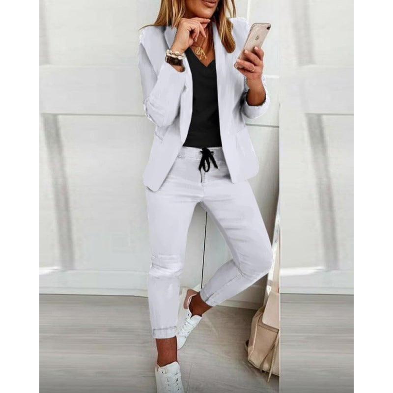 Damen Zweiteiliges Stretch-Jersey-Blazer-Set mit Kordelzug-Jogginghose Nord Taschen