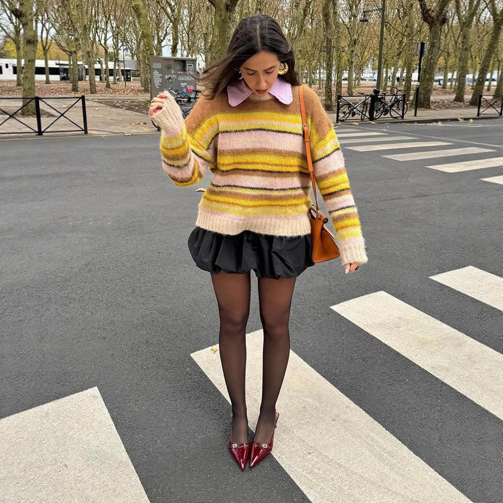 Damen Kuscheliger Streifenpullover aus flauschigem Mohair-Mix mit Rundhalsausschnitt und Oversize-Silhouette Nord Taschen