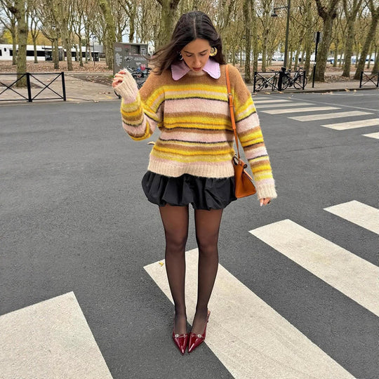 Damen Kuscheliger Streifenpullover aus flauschigem Mohair-Mix mit Rundhalsausschnitt und Oversize-Silhouette Nord Taschen
