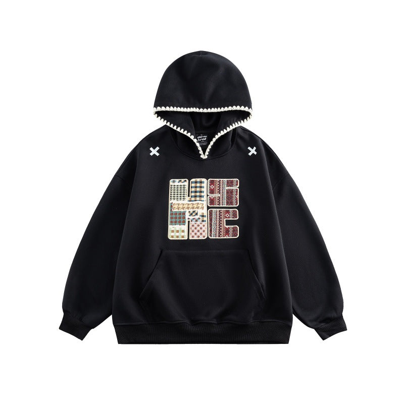 Unisex Weit geschnittener Kapuzenpullover mit Patchwork-Applikation und Kängurutasche Nord Taschen