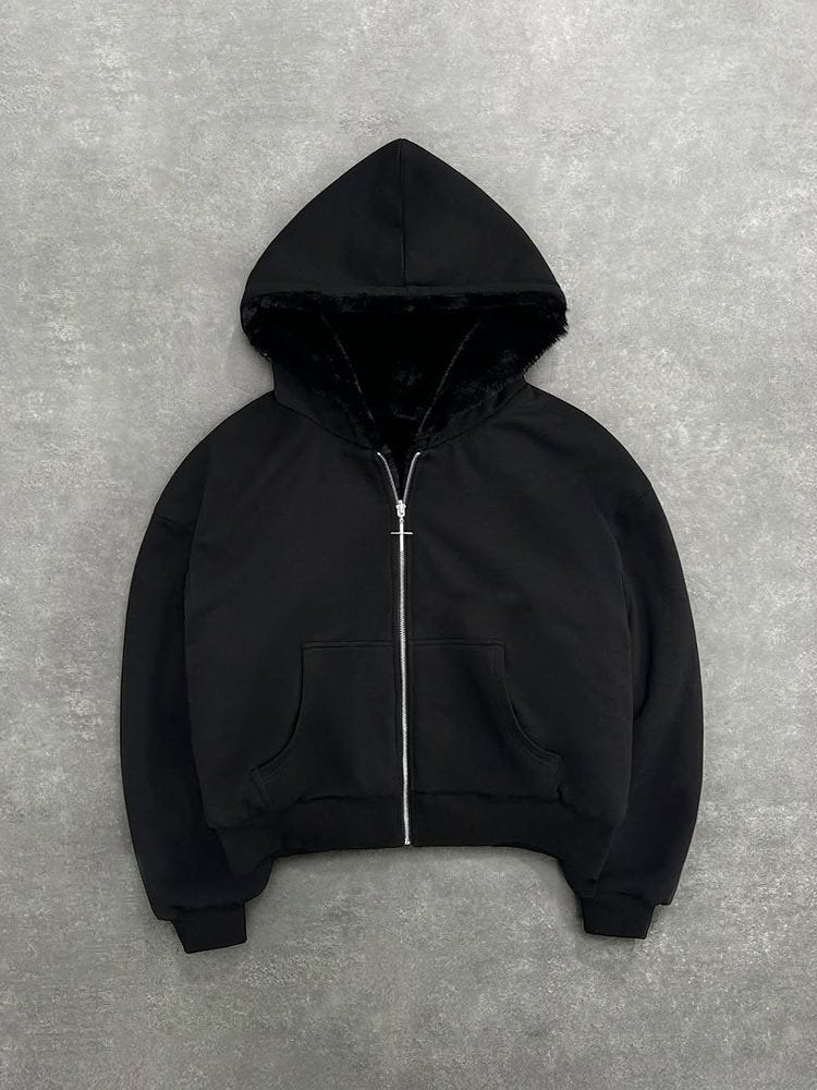 Unisex Kapuzen-Sweatjacke mit Kunstfellfutter, verkürztem Schnitt und Kreuz-Reißverschluss Nord Taschen