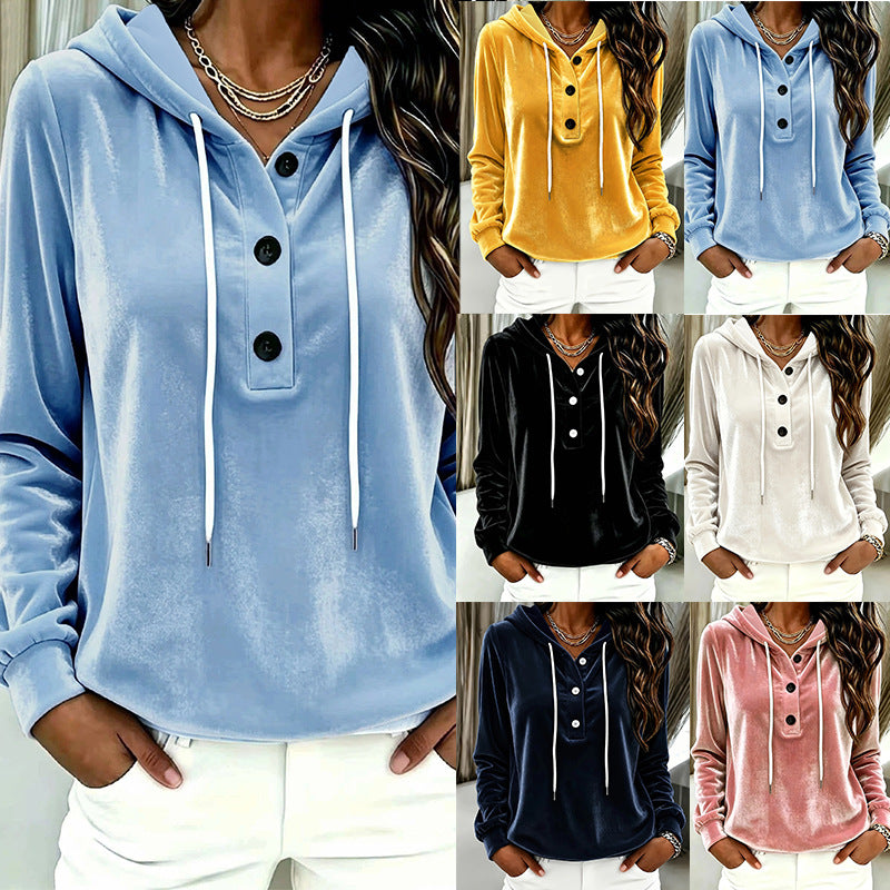 Damen Samt-Hoodie mit Knopfleiste, Kapuze und weichem Fleece-Finish Nord Taschen