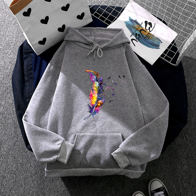 Damen nan Kapuzenpullover mit künstlerischem Aquarell‑Federmotiv, Oversize‑Schnitt und Kängurutasche Nord Taschen