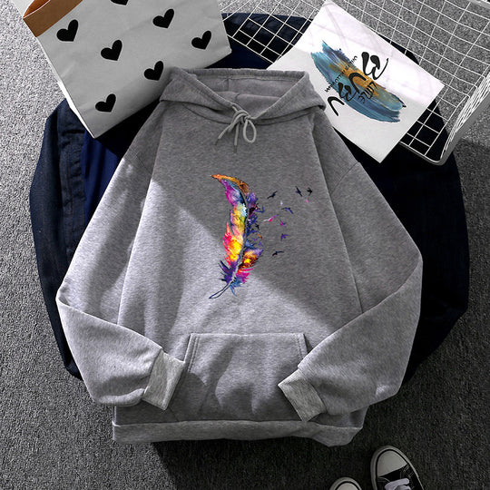 Damen nan Kapuzenpullover mit künstlerischem Aquarell‑Federmotiv, Oversize‑Schnitt und Kängurutasche Nord Taschen