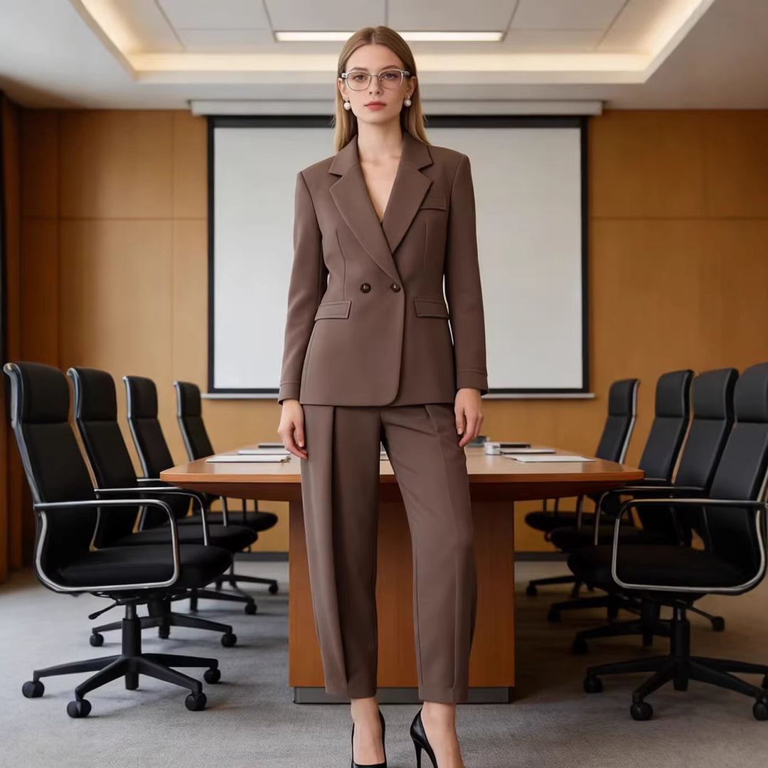 Damen Zweiteiliges Anzugset mit tailliertem Doppelreihigem Blazer und hochtaillierter Bundfaltenhose Nord Taschen