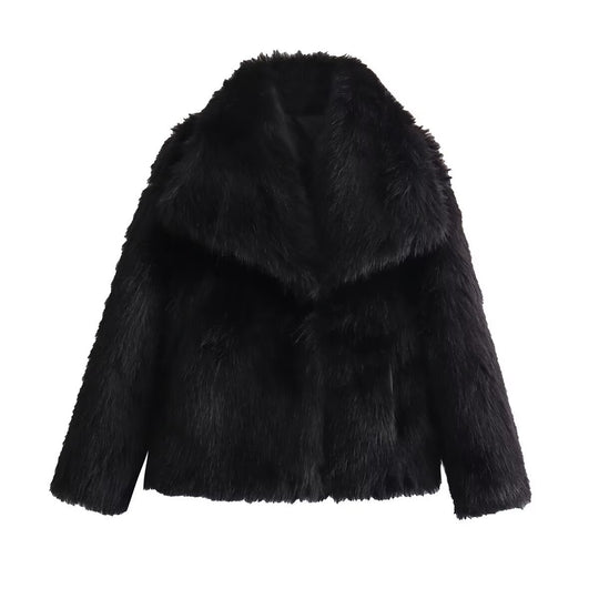 Damen Kurze Kunstfell-Jacke mit breitem Schalkragen Nord Taschen