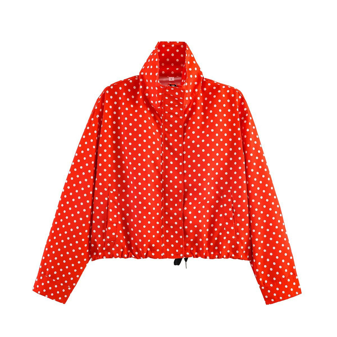 Damen Gepunktete Kurzjacke mit Stehkragen, verdeckter Frontleiste und Kordelzug Nord Taschen
