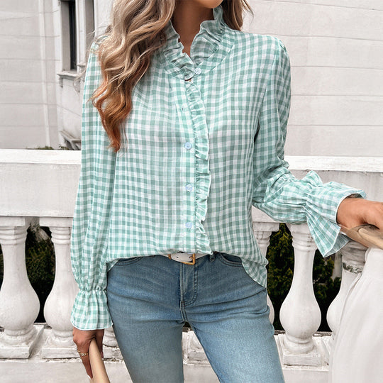 Damen Karierte Bluse mit Rüschendetails und Knopfleiste