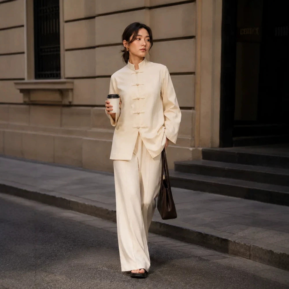 Damen Mandarin-Kragen Tunikajacke mit Knotenverschlüssen und weiter Palazzo-Hose Nord Taschen