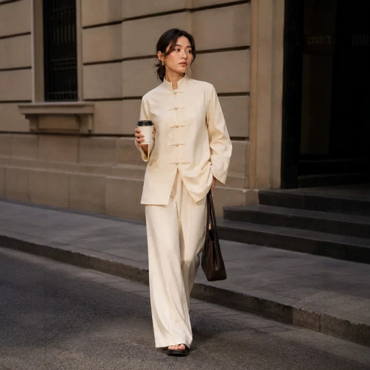 Damen Mandarin-Kragen Tunikajacke mit Knotenverschlüssen und weiter Palazzo-Hose Nord Taschen