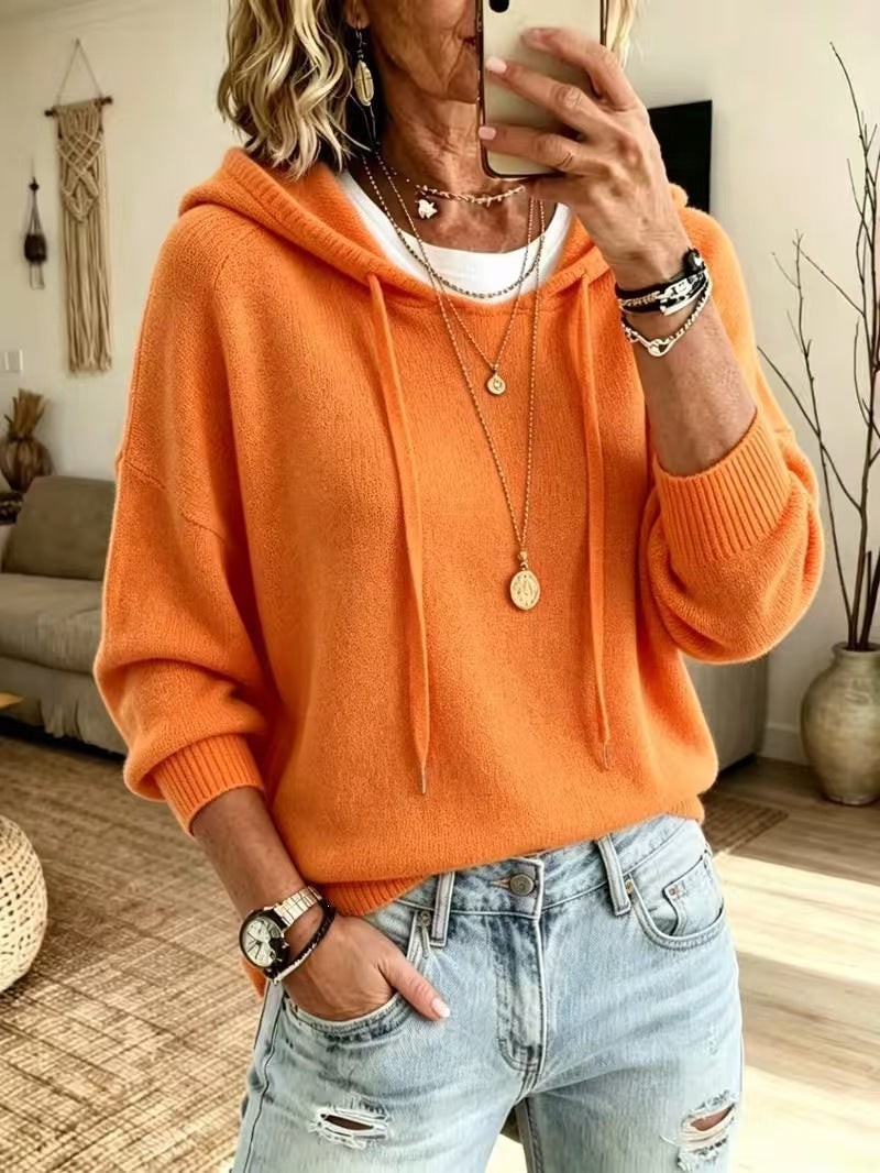 Damen Oversize-Kapuzensweater aus feinem Strick mit gerippten Bündchen Nord Taschen