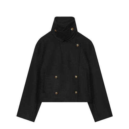 Damen Kurzgeschnittener marineinspirierter Caban mit hohem Stehkragen und Doppelreihe Nord Taschen