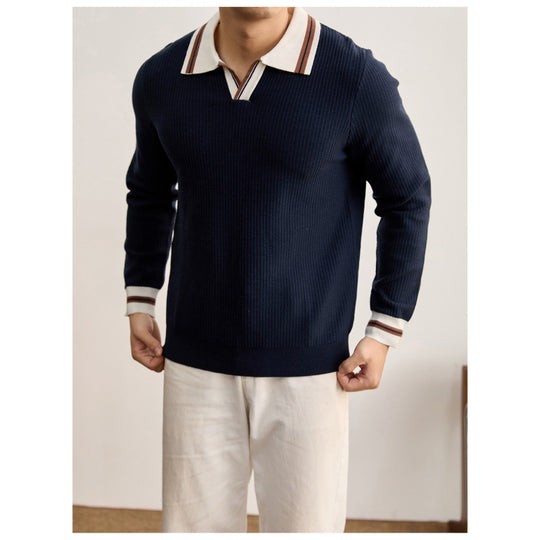 Herren Feinstrick-Polo mit V-Ausschnitt, gerippter Struktur und kontrastierenden Bündchen Nord Taschen
