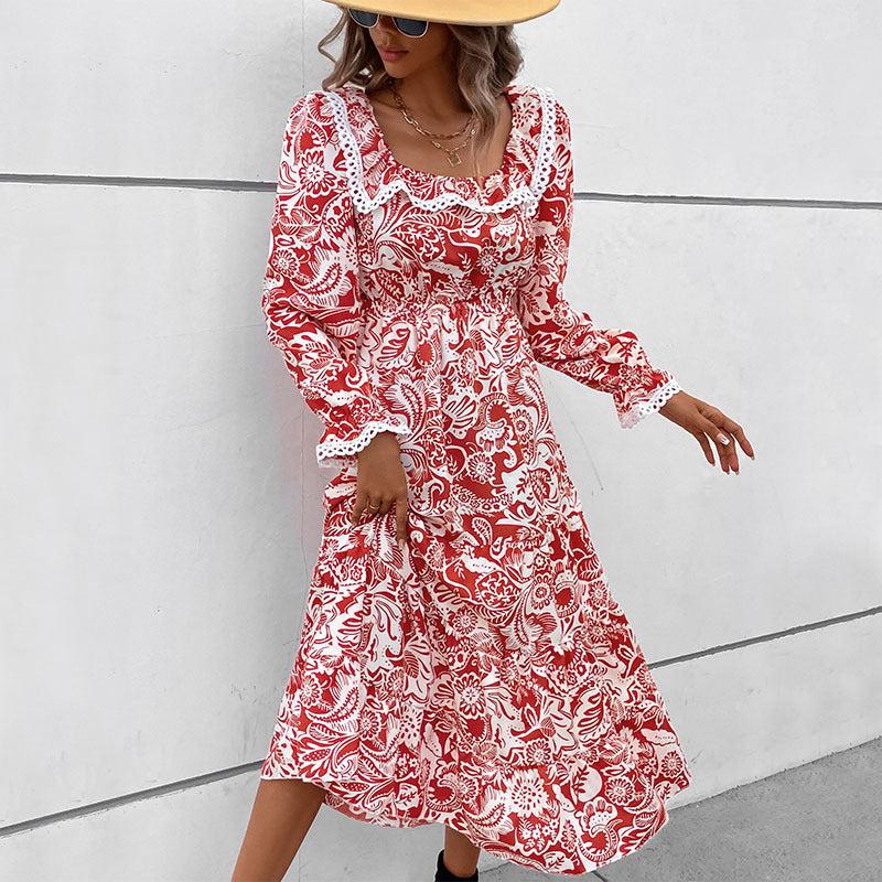 Damen Romantisches Midikleid im Boho‑Stil mit quadratischem Ausschnitt, Spitzenbesatz und Taillenzug Nord Taschen