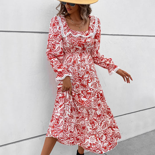 Damen Romantisches Midikleid im Boho‑Stil mit quadratischem Ausschnitt, Spitzenbesatz und Taillenzug Nord Taschen