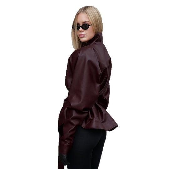 Damen Lederoptik Jacke mit tailliertem Gürtel und hohem Stehkragen Nord Taschen