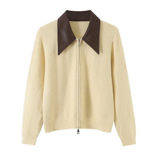 Damen Kurzer Wollmix-Cardigan mit Reißverschluss und kontrastierendem Kunstlederkragen Nord Taschen