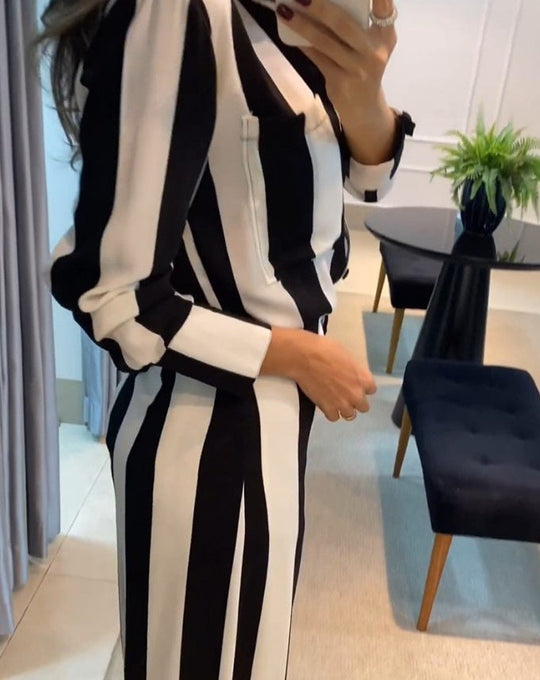 Damen Eleganter Jumpsuit mit auffälligem Streifenmuster und praktischen Taschen