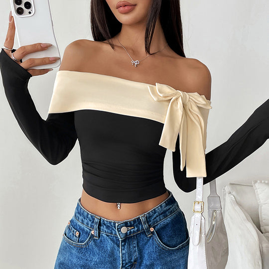 Damen Schulterfreies Langarm-Top mit weitem Umschlagkragen und Zierschleife Nord Taschen