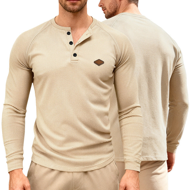 Herren nan Waffelstrick-Henley Langarmshirt mit Raglanärmeln, Halbknopfleiste und Lederlabel Nord Taschen