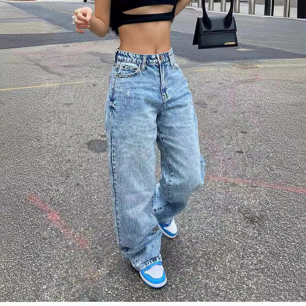 Damen weite High-Waist Baggy-Jeans mit tiefem Schritt, Five-Pocket Design und extra-langen Beinen Nord Taschen
