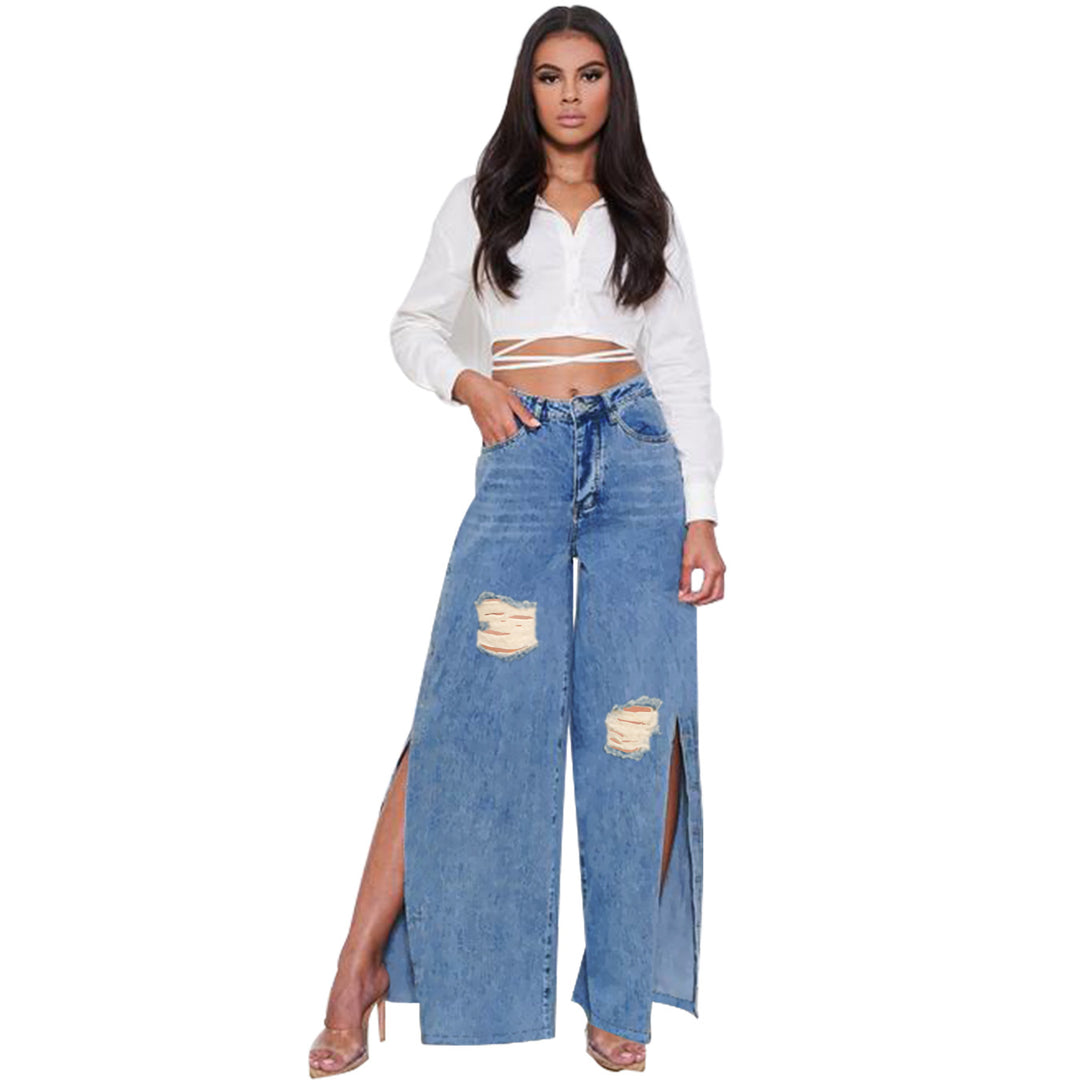 Damen hochgeschnittene Jeans mit weitem Bein, Knie-Rissen und seitlichen Beinschlitzen Nord Taschen