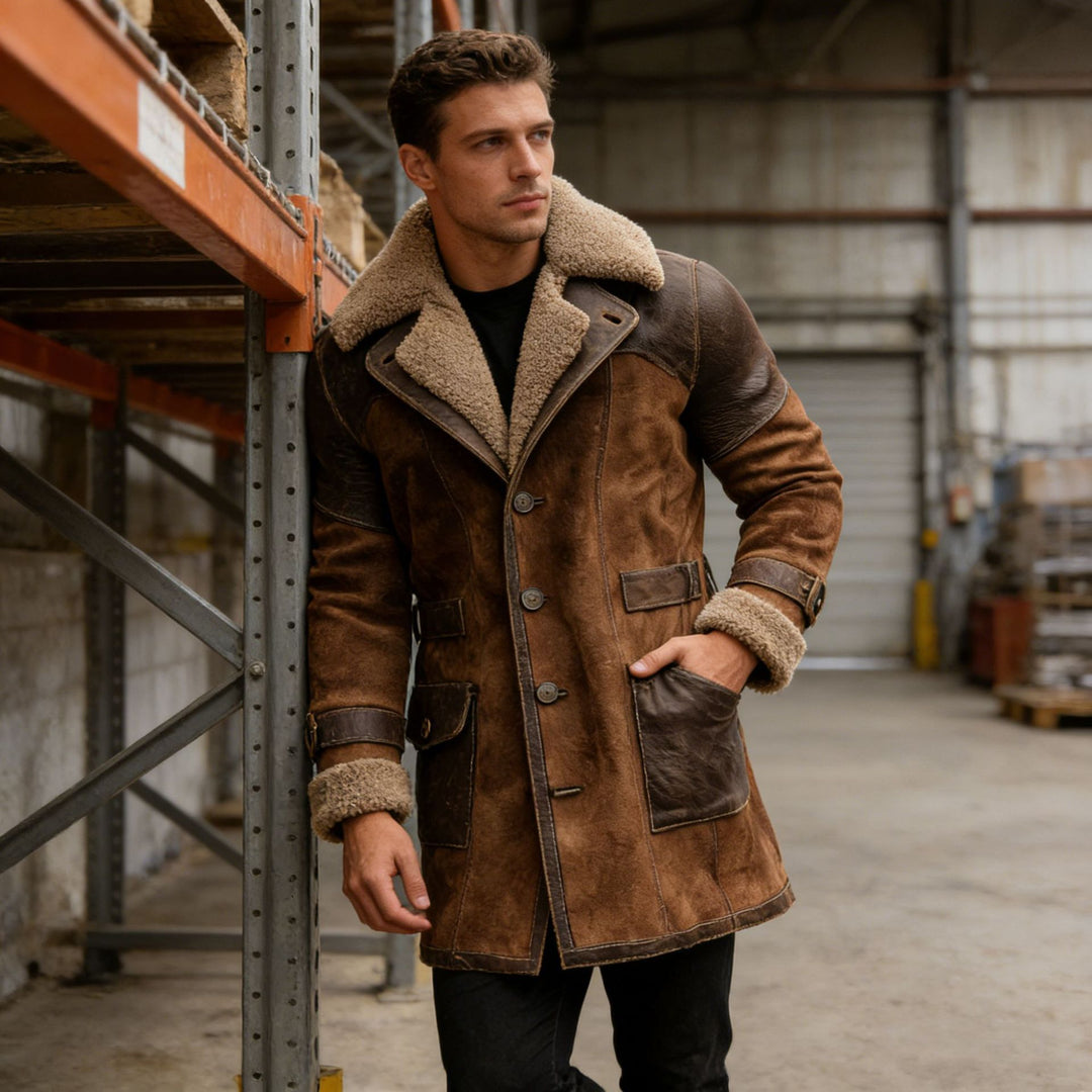Herren Langer Shearling-Mantel aus Wildleder mit Lederbesatz Nord Taschen