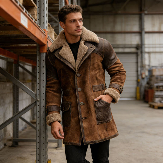 Herren Langer Shearling-Mantel aus Wildleder mit Lederbesatz Nord Taschen