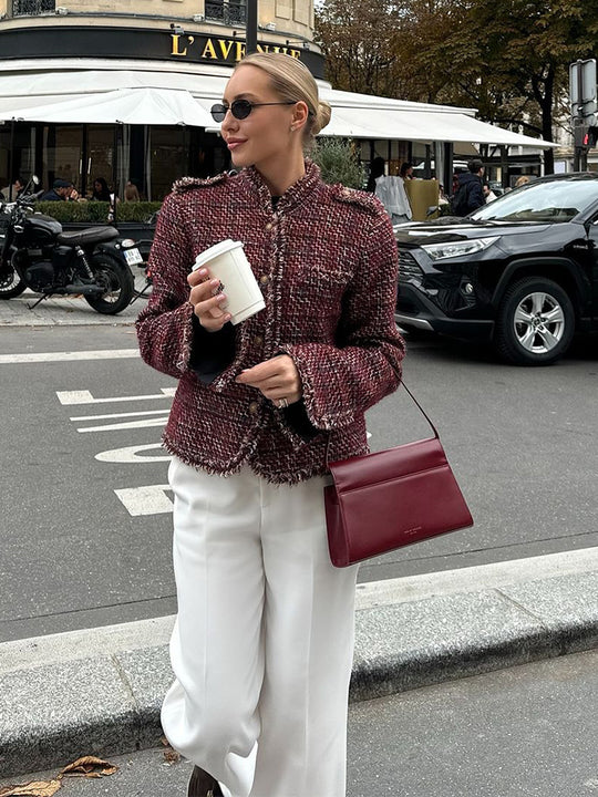 Damen Kurze Bouclé-Tweed-Jacke mit Fransenbesatz und Zierknöpfen Nord Taschen