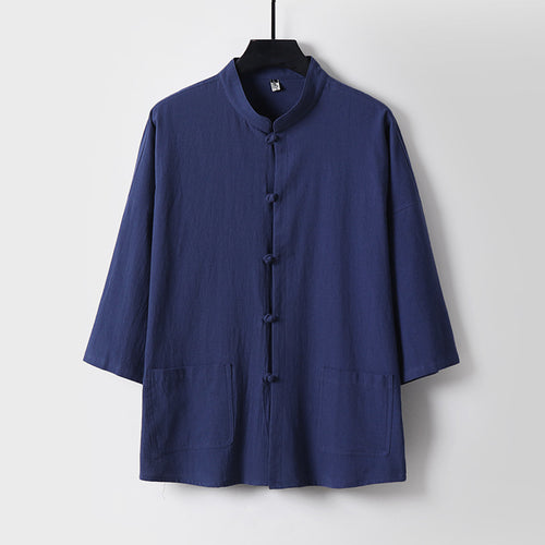 Unisex Locker geschnittene Leinen-Baumwoll Jacke mit Stehkragen Nord Taschen