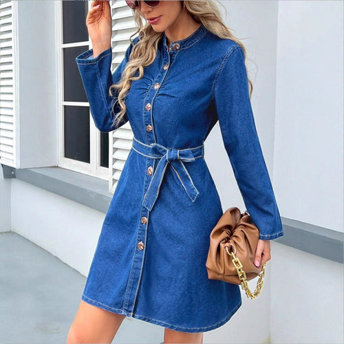 Damen Tailliertes Denim-Kleid mit Knopfleiste und Bindegürtel Nord Taschen