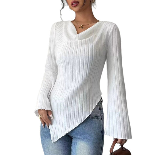 Damen Asymmetrischer Gerippter Feinstrickpullover mit V-Ausschnitt Nord Taschen
