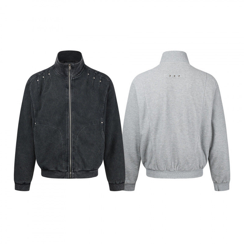 Unisex Grobgestrickte Zip‑Bomberjacke mit Stehkragen, Nieten‑Detail und Reißverschlusstaschen Nord Taschen