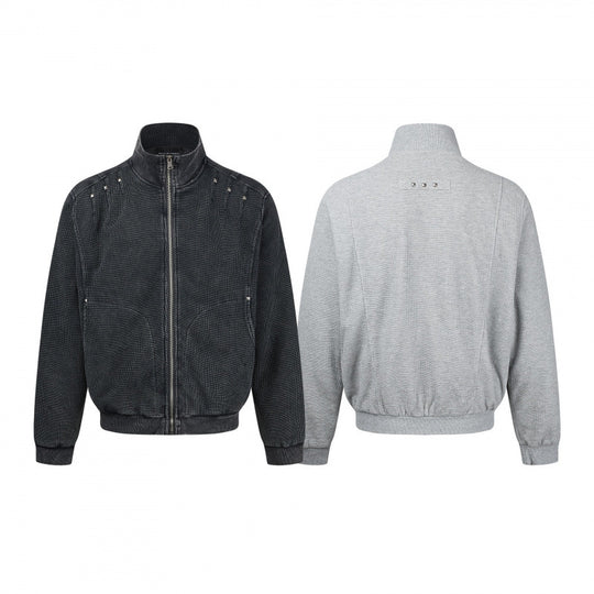 Unisex Grobgestrickte Zip‑Bomberjacke mit Stehkragen, Nieten‑Detail und Reißverschlusstaschen Nord Taschen