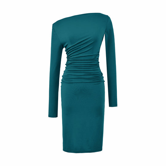 Damen Asymmetrisches Ein-Schulter-Midikleid mit Raffung und Langarm Nord Taschen