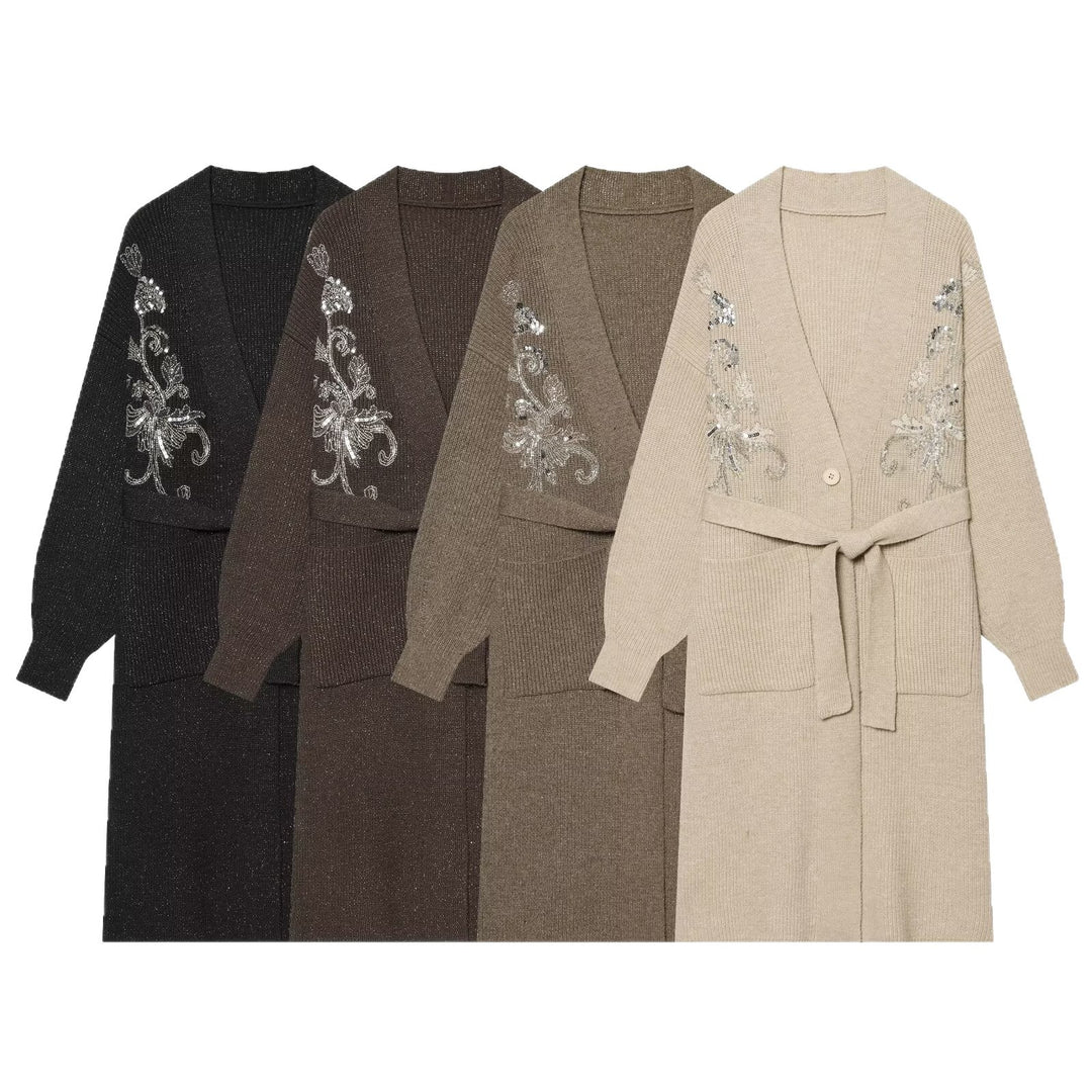 Damen Langer Strickcardigan mit Taillengürtel und Pailletten‑Stickerei Nord Taschen