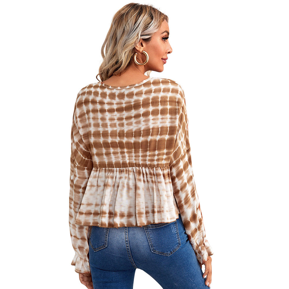 Damen luftiges Peplum-Blusenshirt mit Batikmuster, Kordel‑Neckline und gerafften Ärmeln Nord Taschen