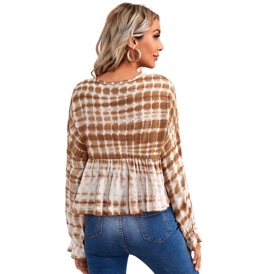 Damen luftiges Peplum-Blusenshirt mit Batikmuster, Kordel‑Neckline und gerafften Ärmeln Nord Taschen