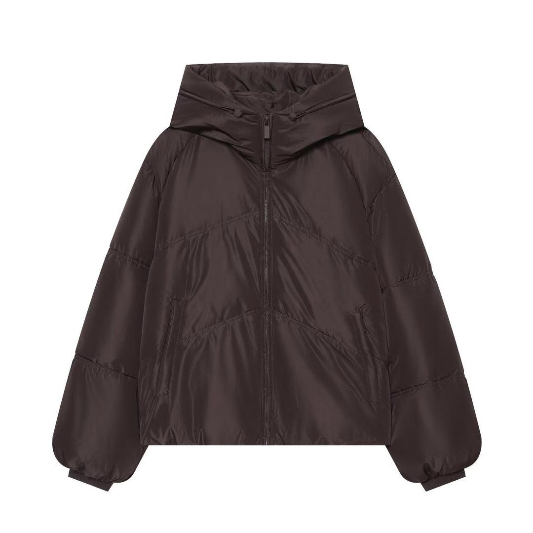 Damen Kurz geschnittene wattierte Oversize‑Steppjacke mit hohem Stehkragen und Kapuze Nord Taschen