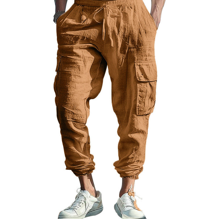 Herren nan lässige Leinen-Cargo-Jogger mit Kordelbund, großen Klapptaschen und elastischem Knöchelabschluss