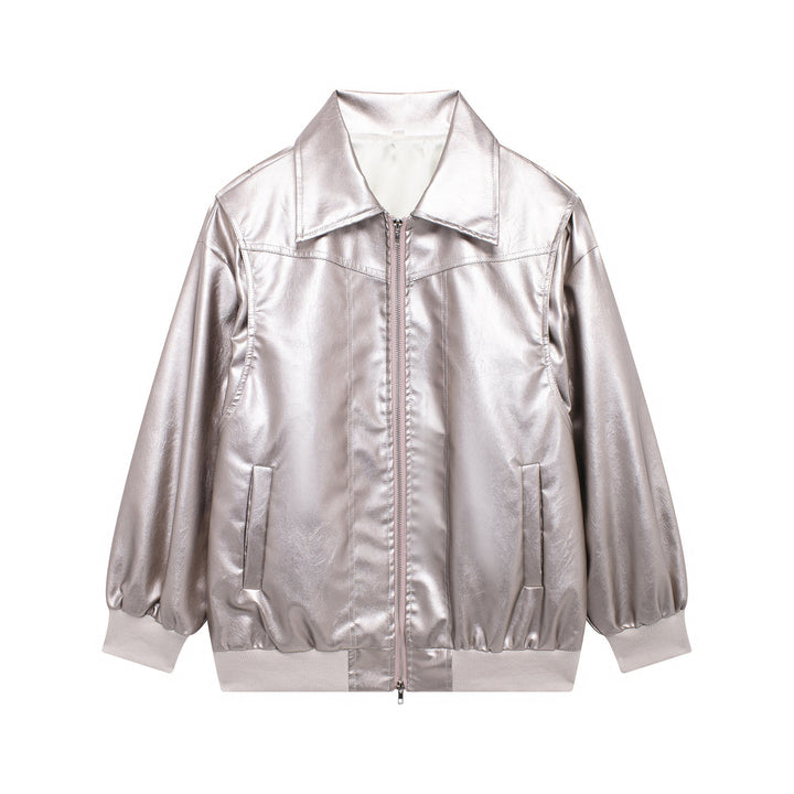 Damen Kunstlederjacke mit elastischen Bündchen und hochschließendem Kragen